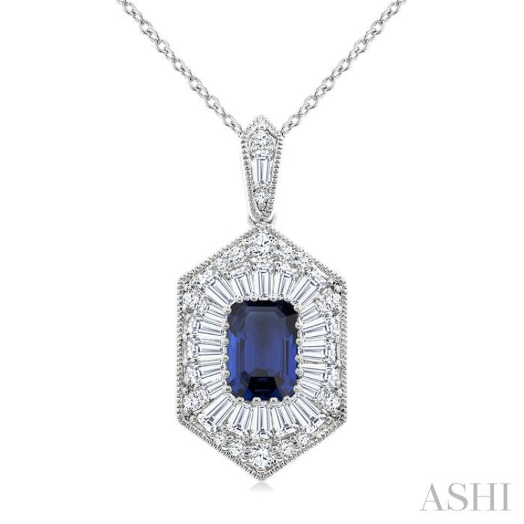 1/2 Ctw Art Deco Hexagon 6X4MM Octagon Shape Sapphire, Baguette and Round Cut Diamond Precious Pendant With Chain in 14K White Gold