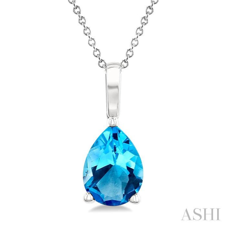 8X5 MM Pear Cut Blue Topaz Semi-Precious Solitaire Pendant With Chain in 14K White Gold