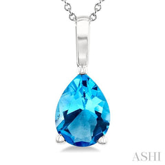 8X5 MM Pear Cut Blue Topaz Semi-Precious Solitaire Pendant With Chain in 14K White Gold