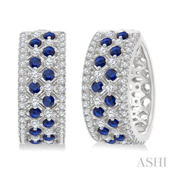 1 Ctw Fretwork 2MM Round Cut Sapphire and Round Cut Diamond Precious Hoop Earring in 14K White Gold