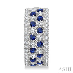 1 Ctw Fretwork 2MM Round Cut Sapphire and Round Cut Diamond Precious Hoop Earring in 14K White Gold