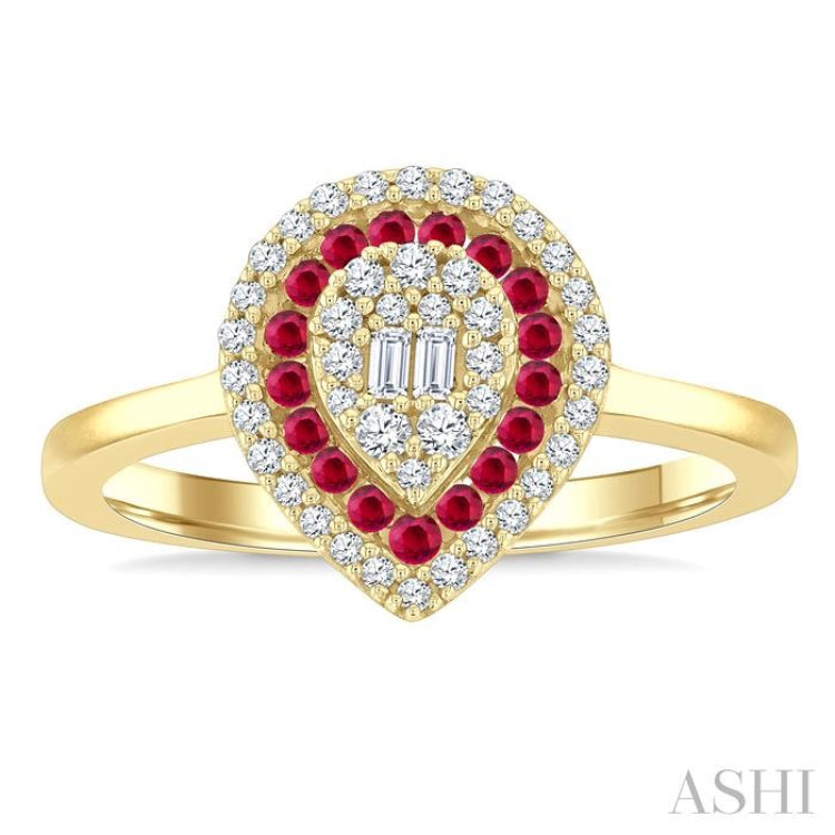 1/4 Ctw Pear Shape 1.25MM & 1.45MM Round Cut Ruby, Baguette and Round Cut Diamond Precious Fusion Ring in 14K Yellow Gold
