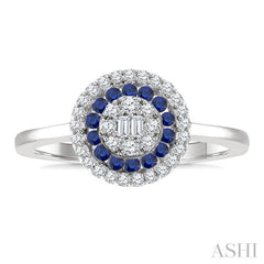 1/4 Ctw Circular Shape 1.35MM Round Cut Sapphire, Baguette and Round Cut Diamond Precious Fusion Ring in 14K White Gold