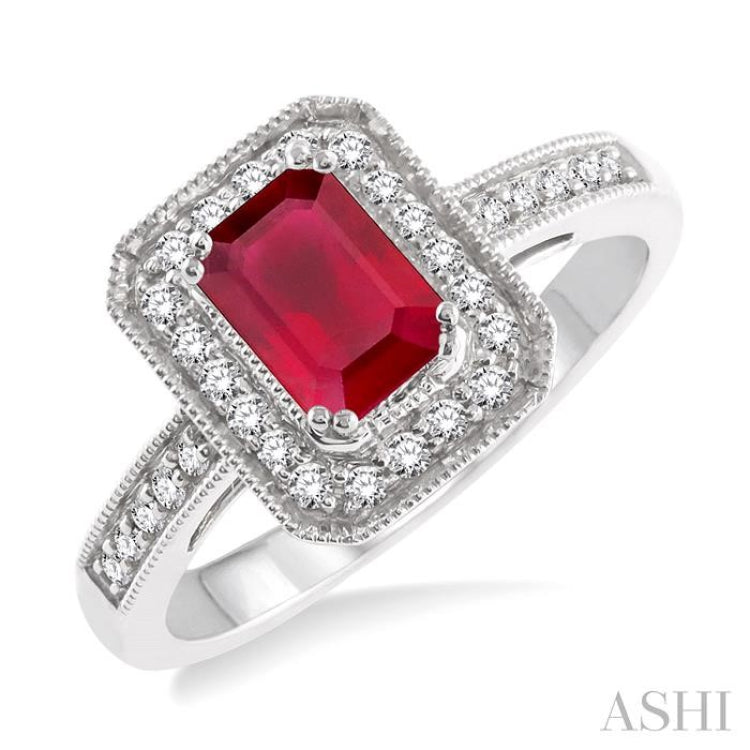 6x4 MM Emerald Shape Ruby and 1/4 Ctw Round Cut Diamond Ring in 14K White Gold