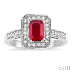 6x4 MM Emerald Shape Ruby and 1/4 Ctw Round Cut Diamond Ring in 14K White Gold