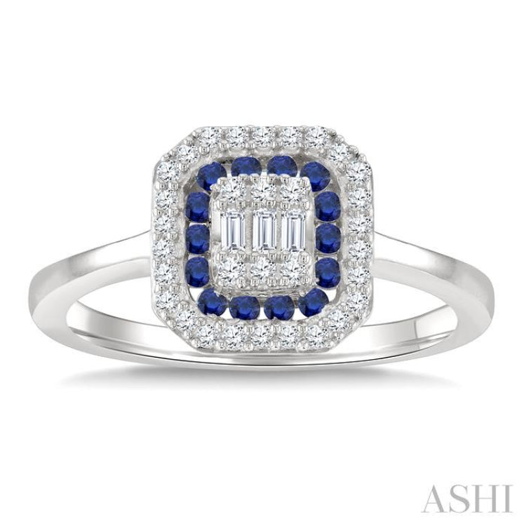 1/4 Ctw Octagonal Shape 1.35MM Round Cut Sapphire, Baguette and Round Cut Diamond Precious Fusion Ring in 14K White Gold