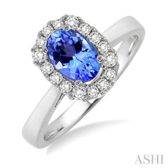6x4 MM Oval Cut Tanzanite and 1/6 Ctw Round Cut Diamond Precious Ring in 14K White Gold