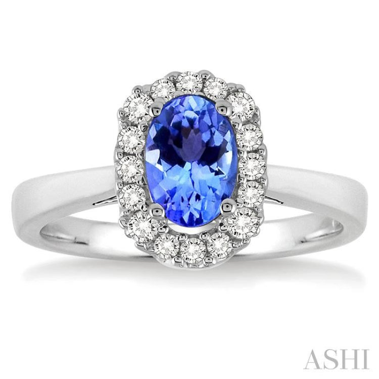 6x4 MM Oval Cut Tanzanite and 1/6 Ctw Round Cut Diamond Precious Ring in 14K White Gold