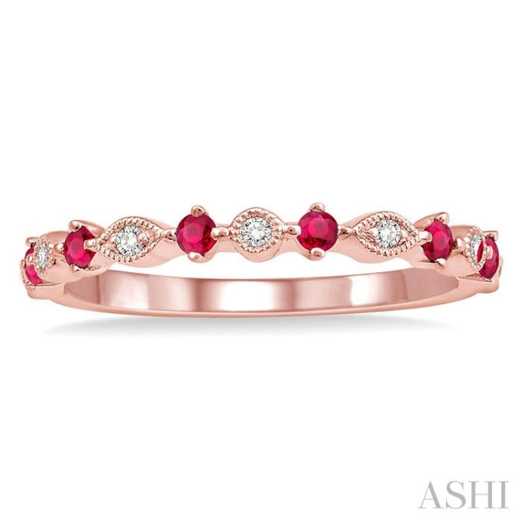 1.8 MM Round Cut Ruby and 1/20 Ctw Round Cut Diamond Precious Half Eternity Wedding Band in 14K Rose Gold