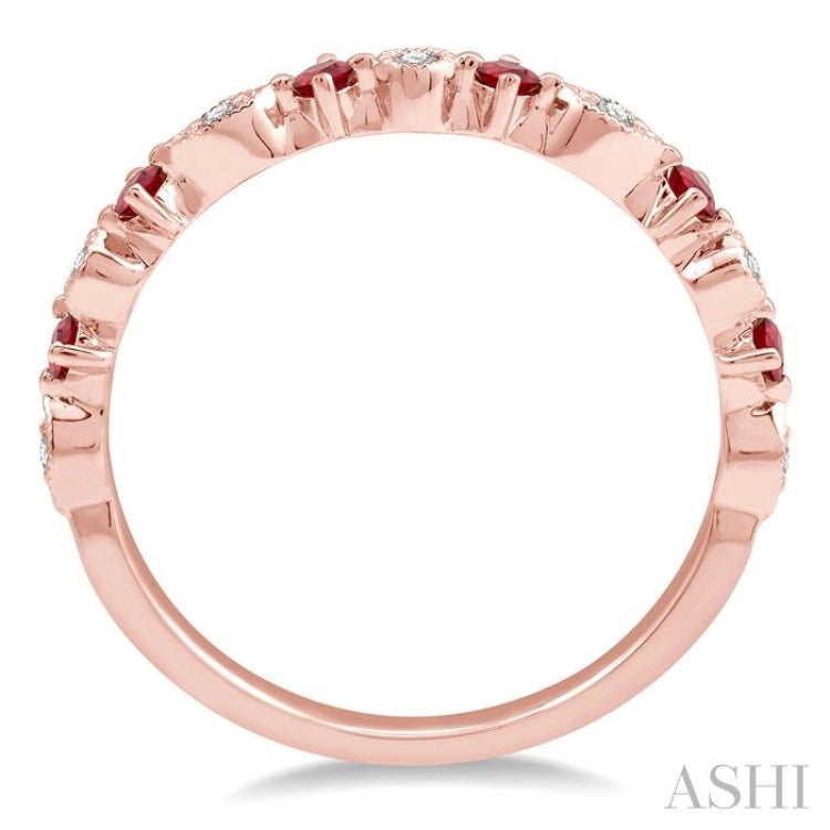 1.8 MM Round Cut Ruby and 1/20 Ctw Round Cut Diamond Precious Half Eternity Wedding Band in 14K Rose Gold