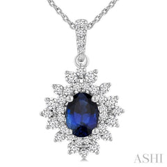 7x5 MM Oval Cut Sapphire and 1/2 Ctw Round Cut Diamond Halo Precious Pendant With Chain in 14K White Gold
