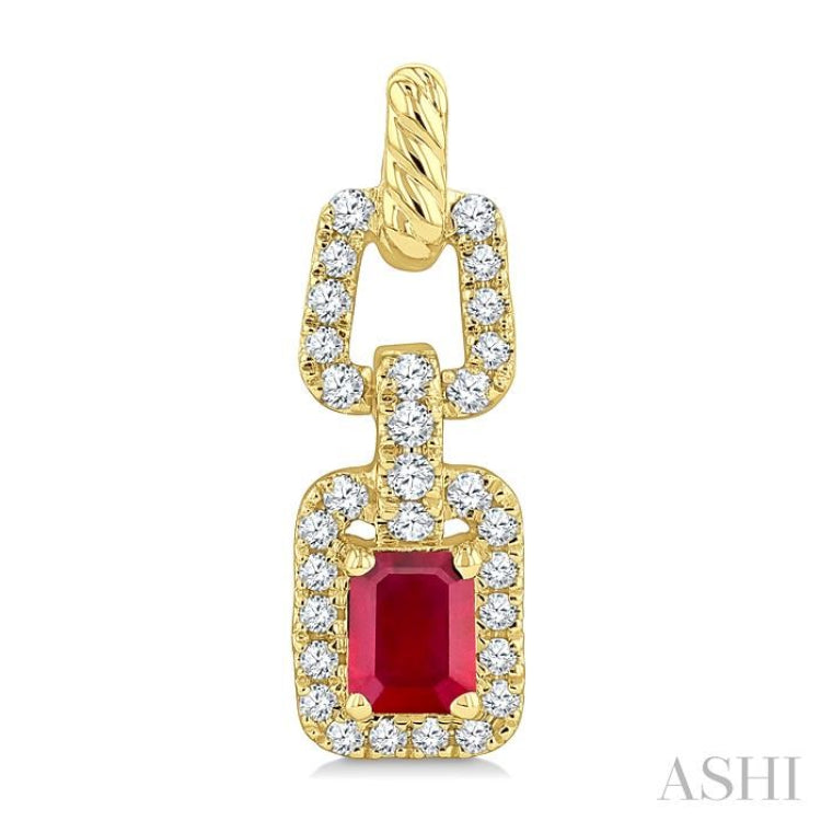 1/4 Ctw 4X3MM Octagon Shape Ruby and Round Cut Diamond Halo Precious Link Earring in 14K Yellow Gold