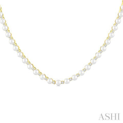4 MM Cultured Pearl and 2 Ctw Round Cut Diamond Straightline Fashion Necklace in 14K Yellow Gold
