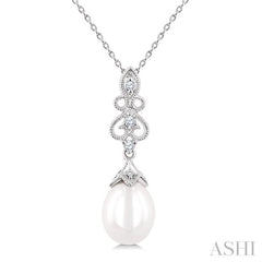 10X8 MM Cultured Pearl and 1/20 Ctw Round Cut Diamond Fashion Pendant With Chain in 10K White Gold
