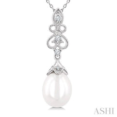 10X8 MM Cultured Pearl and 1/20 Ctw Round Cut Diamond Fashion Pendant With Chain in 10K White Gold