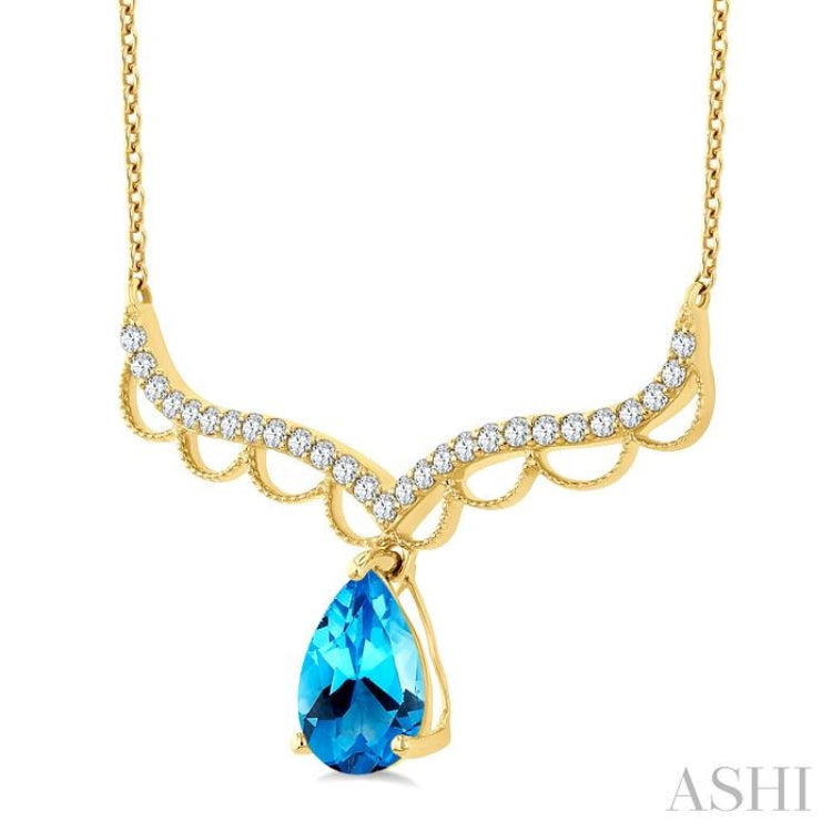 9X6 MM Pear Cut Blue Topaz and Round Cut 1/5 Ctw Diamond Semi-Precious Fashion Necklace in 10K Yellow Gold