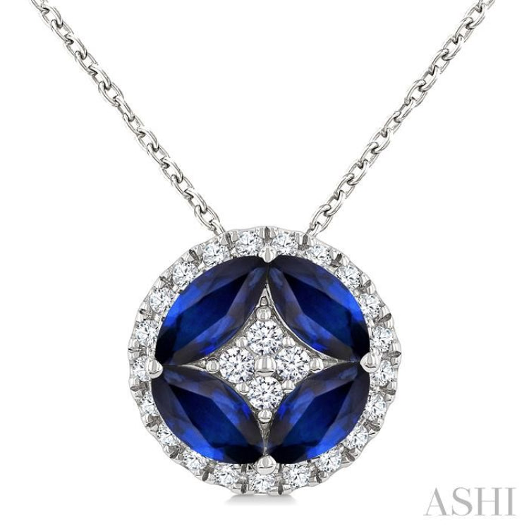 5X2.5 Marquise Shape Sapphire and 1/6 Ctw Round Cut Diamond Fashion Precious Pendant With Chain in 10K White Gold