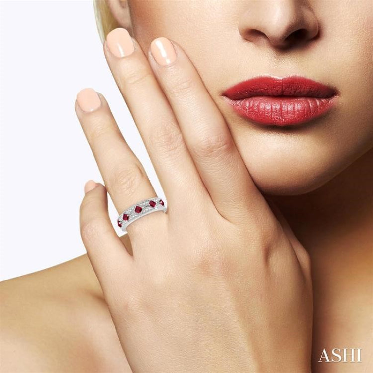 2.5 MM Princess Cut Ruby and 1/6 Ctw Round Cut Diamond Precious Band in 14K White Gold