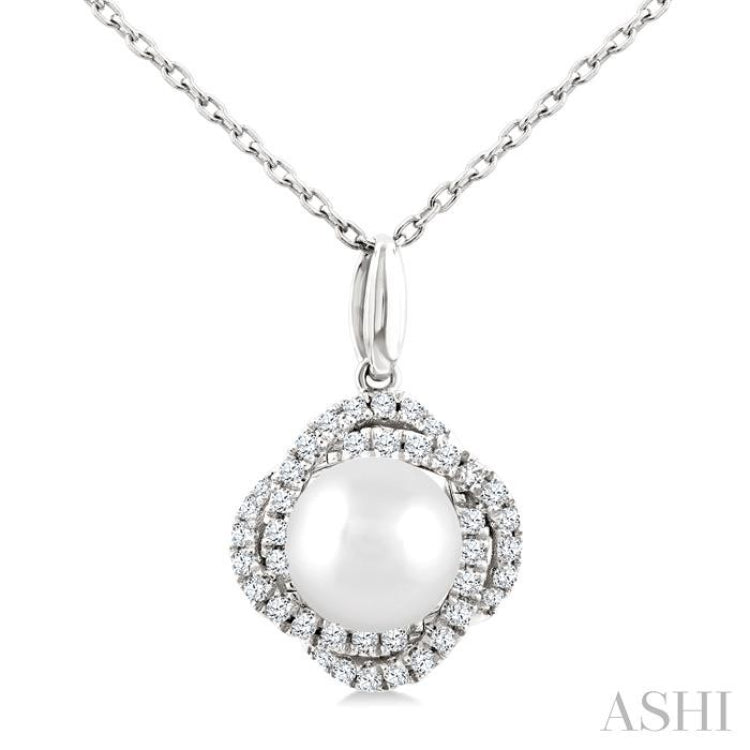 6 MM Cultured Pearl and 1/6 Ctw Round Cut Diamond Petite Fashion Pendant With Chain in 10K White Gold
