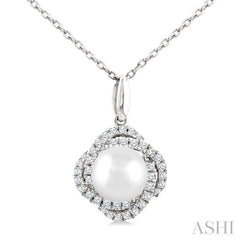 6 MM Cultured Pearl and 1/6 Ctw Round Cut Diamond Petite Fashion Pendant With Chain in 10K White Gold