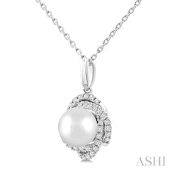 6 MM Cultured Pearl and 1/6 Ctw Round Cut Diamond Petite Fashion Pendant With Chain in 10K White Gold