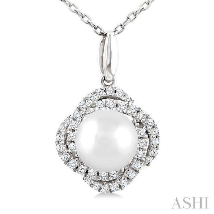 6 MM Cultured Pearl and 1/6 Ctw Round Cut Diamond Petite Fashion Pendant With Chain in 10K White Gold