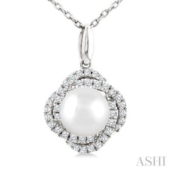 6 MM Cultured Pearl and 1/6 Ctw Round Cut Diamond Petite Fashion Pendant With Chain in 10K White Gold