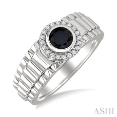 1/8 Ctw 6 MM Onyx and Round Cut Diamond Halo Semi-Precious Men's Ring in 10K White Gold