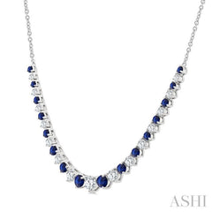 1.7MM - 3 MM Round Shape Sapphire and 3/4 Ctw Round Cut Diamond Precious Riviera Necklace in 14K White Gold
