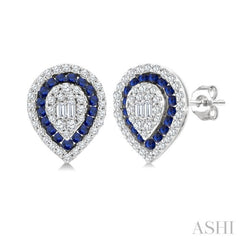 1/3 Ctw Pear Shape 1.25MM & 1.00MM Round Cut Sapphire, Baguette and Round Cut Diamond Fusion Precious Stud Earring in 14K White Gold