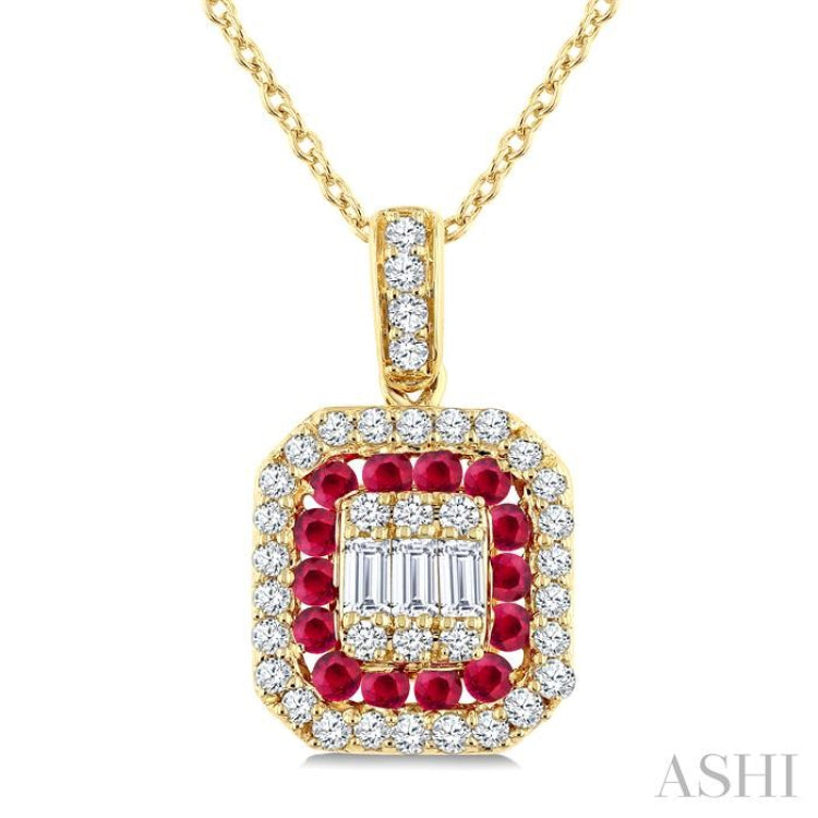 1/4 Ctw Octagonal Shape 1.45MM Ruby, Baguette and Round Cut Diamond Precious Fusion Pendant With Chain in 14K Yellow Gold
