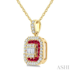 1/4 Ctw Octagonal Shape 1.45MM Ruby, Baguette and Round Cut Diamond Precious Fusion Pendant With Chain in 14K Yellow Gold