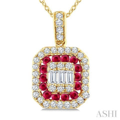 1/4 Ctw Octagonal Shape 1.45MM Ruby, Baguette and Round Cut Diamond Precious Fusion Pendant With Chain in 14K Yellow Gold