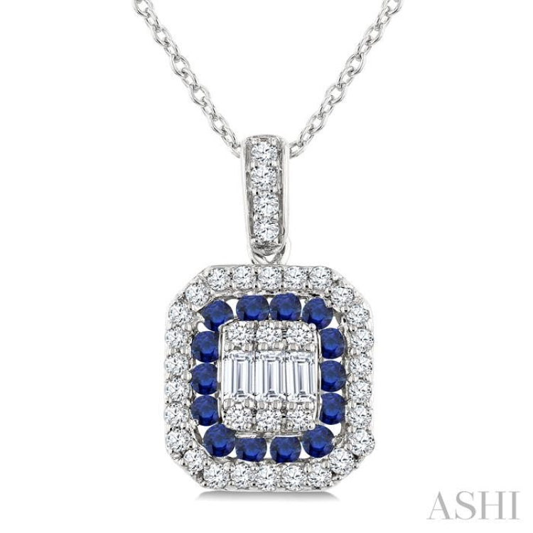 1/4 Ctw Octagonal Shape 1.45MM Round Cut Sapphire, Baguette and Round Cut Diamond Precious Fusion Pendant With Chain in 14K White Gold