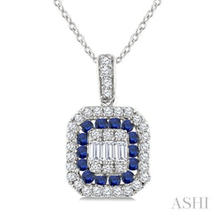 1/4 Ctw Octagonal Shape 1.45MM Round Cut Sapphire, Baguette and Round Cut Diamond Precious Fusion Pendant With Chain in 14K White Gold