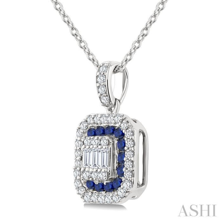 1/4 Ctw Octagonal Shape 1.45MM Round Cut Sapphire, Baguette and Round Cut Diamond Precious Fusion Pendant With Chain in 14K White Gold