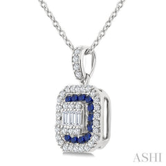 1/4 Ctw Octagonal Shape 1.45MM Round Cut Sapphire, Baguette and Round Cut Diamond Precious Fusion Pendant With Chain in 14K White Gold