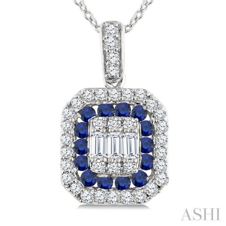 1/4 Ctw Octagonal Shape 1.45MM Round Cut Sapphire, Baguette and Round Cut Diamond Precious Fusion Pendant With Chain in 14K White Gold