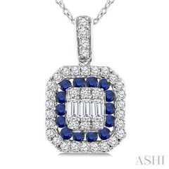 1/4 Ctw Octagonal Shape 1.45MM Round Cut Sapphire, Baguette and Round Cut Diamond Precious Fusion Pendant With Chain in 14K White Gold