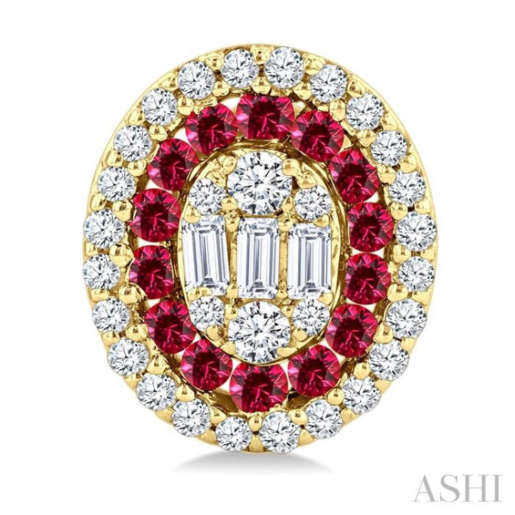 1/3 Ctw Oval Shape 1.35MM Ruby, Baguette and Round Cut Diamond Fusion Precious Fashion Stud Earring in 14K Yellow Gold