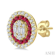 1/3 Ctw Oval Shape 1.35MM Ruby, Baguette and Round Cut Diamond Fusion Precious Fashion Stud Earring in 14K Yellow Gold