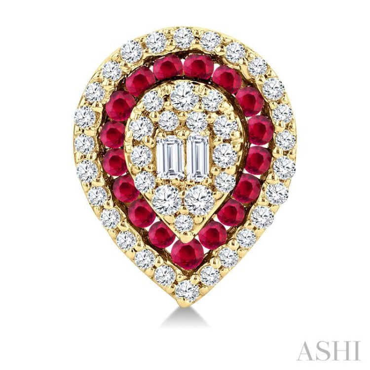 1/3 Ctw Pear Shape 1.25MM & 1.00MM Round Cut Ruby, Baguette and Round Cut Diamond Fusion Precious Stud Earring in 14K Yellow Gold