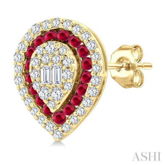 1/3 Ctw Pear Shape 1.25MM & 1.00MM Round Cut Ruby, Baguette and Round Cut Diamond Fusion Precious Stud Earring in 14K Yellow Gold