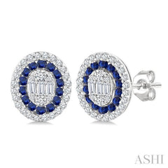 1/3 Ctw Oval Shape 1.35MM Round Cut Sapphire, Baguette and Round Cut Diamond Precious Fusion Fashion Stud Earring in 14K White Gold
