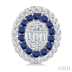 1/3 Ctw Oval Shape 1.35MM Round Cut Sapphire, Baguette and Round Cut Diamond Precious Fusion Fashion Stud Earring in 14K White Gold