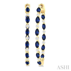 4x2 MM Marquise Cut Sapphire and 3/8 Ctw Round Cut Diamond Precious Inside-Out Hoop Earrings in 14K Yellow Gold