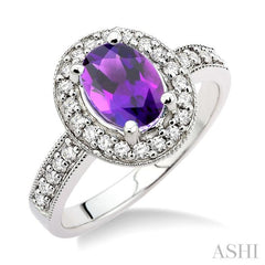8x6 MM Oval Cut Amethyst and 1/3 Ctw Round Cut Diamond Ring in 14K White Gold