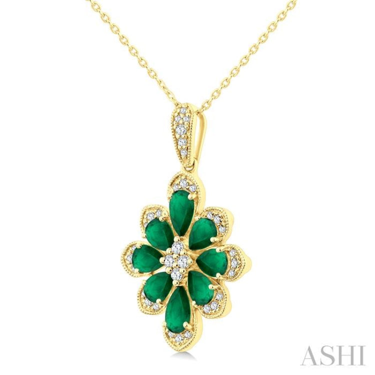 1/6 Ctw Floral Motif 5X3MM & 4X3MM Pear Cut Emerald and Round Cut Diamond Precious Pendant With Chain in 10K Yellow Gold