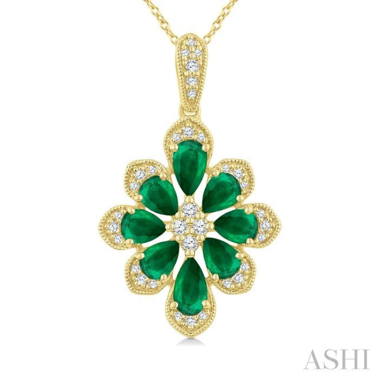 1/6 Ctw Floral Motif 5X3MM & 4X3MM Pear Cut Emerald and Round Cut Diamond Precious Pendant With Chain in 10K Yellow Gold