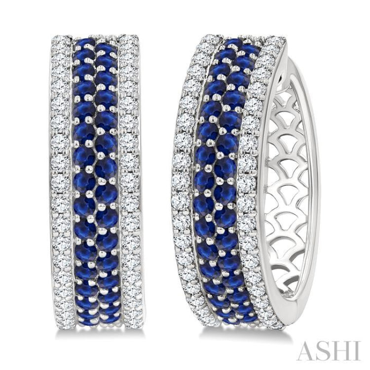 5/8 Ctw Twin Row 1.50MM Round Cut Sapphire and Round Cut Diamond Precious Hoop Earring in 14K White Gold